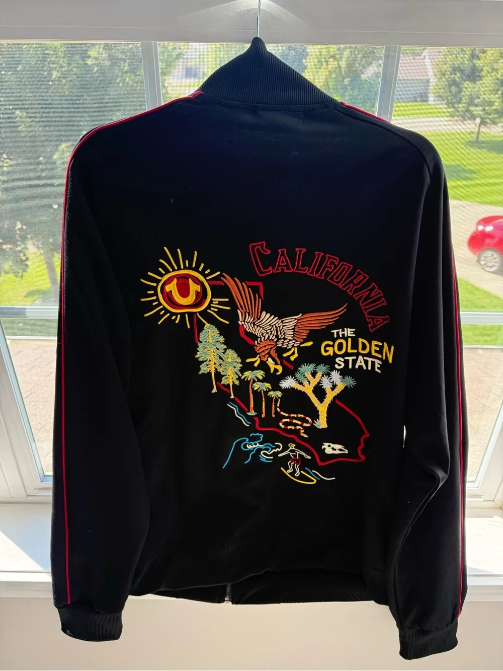 True Religion Black Jacket with Red Piping and Embroidered Crest